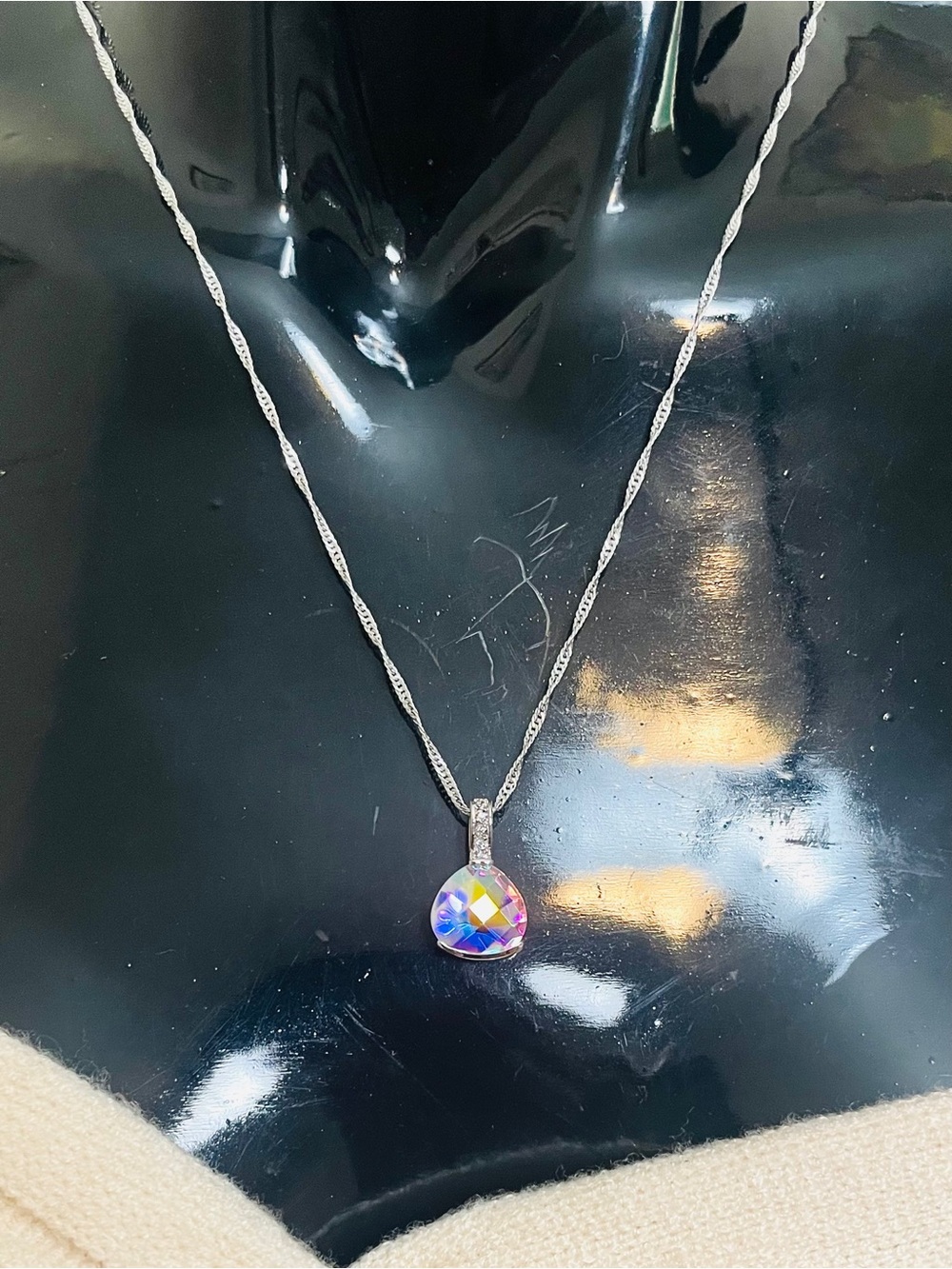 Upcycled Vintage 925 Sterling Silver Iridescent Crystal Prism Pendant Necklace